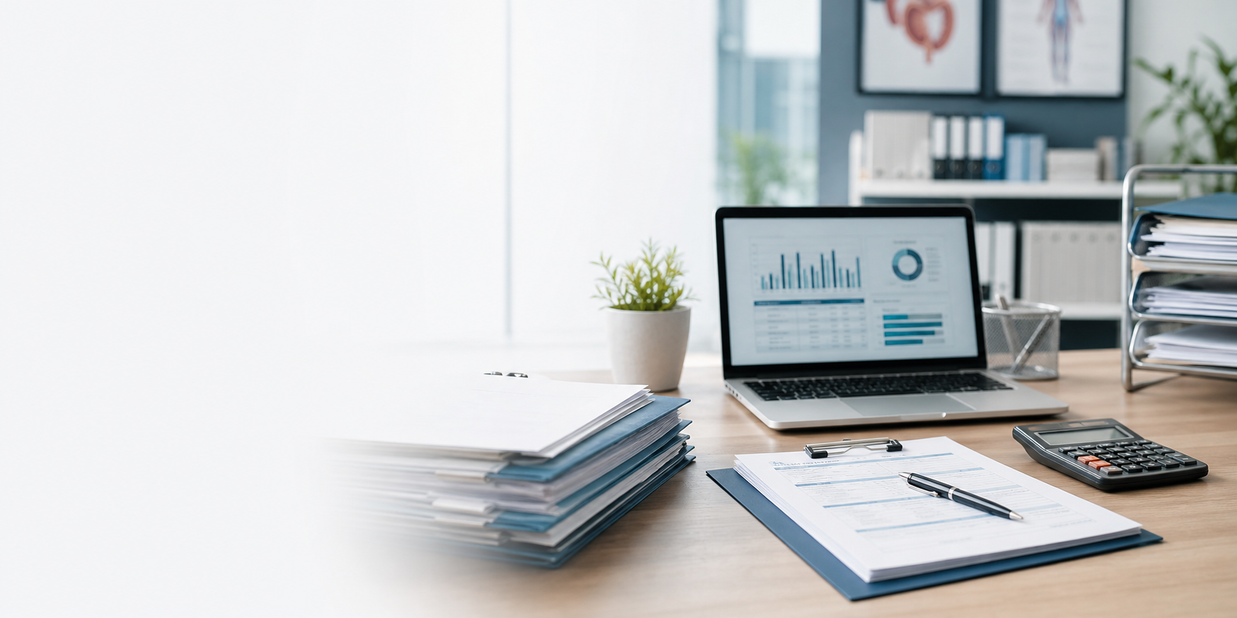 Organized medical billing workspace with charts and documents